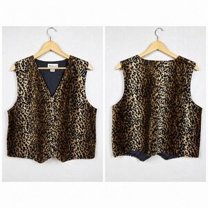Faux Fur Vest Leopard Animal Print w/Pockets -Zip Front-Woman's Large